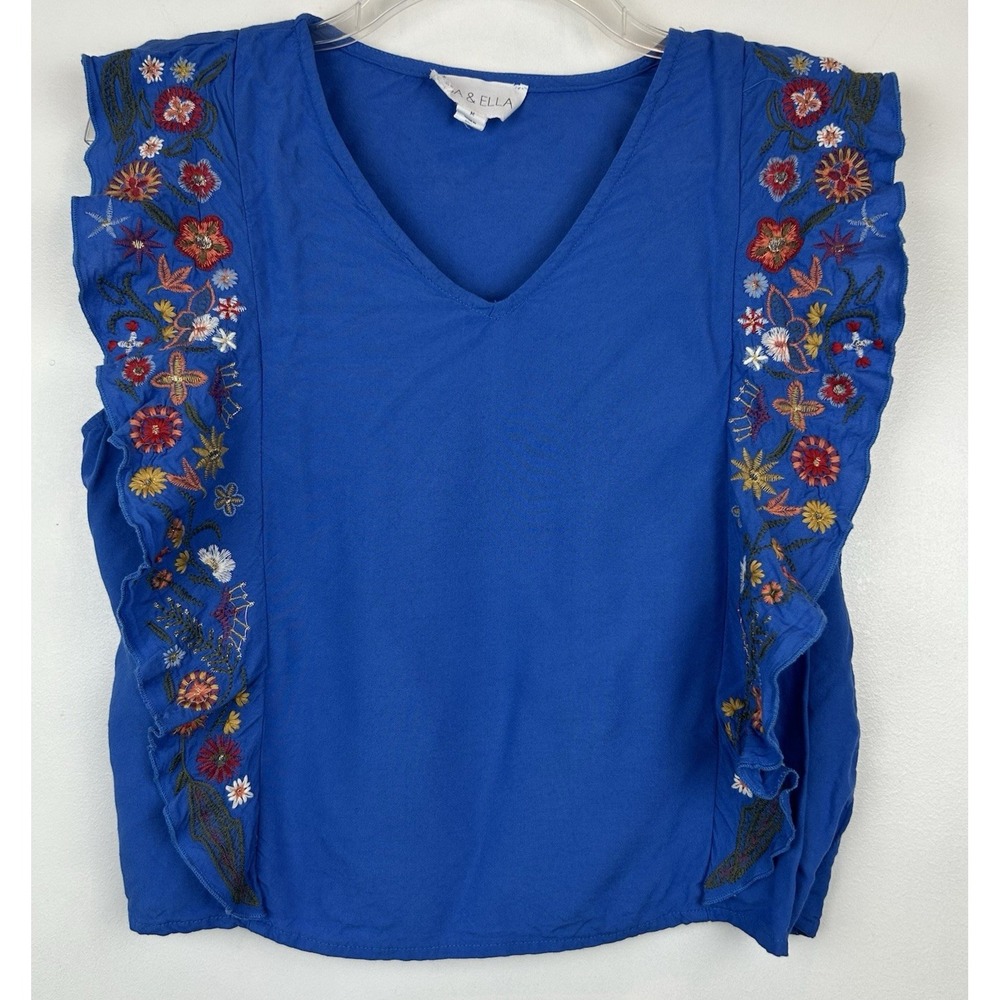 Isa Ella Top Women S Embroidered Flowers Blue Ruffled Shirt Hippie Boho Festival